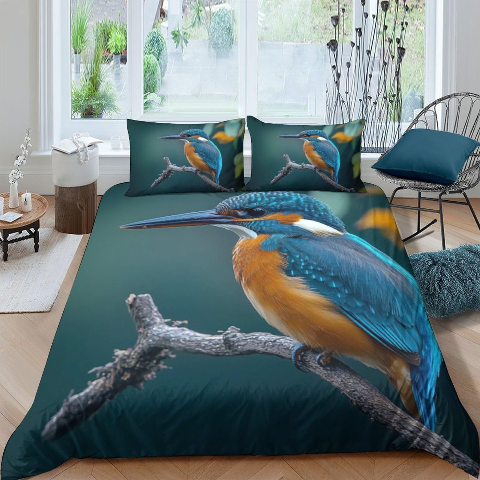 GPLZQXKJNH 3D Printed Kingfisher Bird Duvet Cover Microfiber Soft Teal Bedding Set with 2 Pillowcases for Bedroom Decor Single（135x200cm）