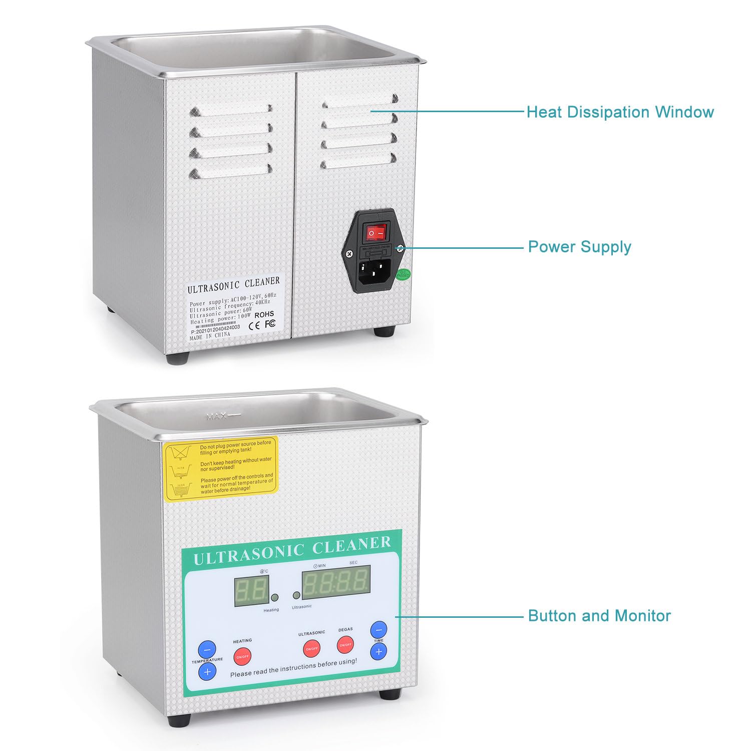 stonylab Ultraschallreiniger, Professioneller Allzweck-Ultraschallreiniger aus Rostfreiem Stahl mit Digitalanzeige-Timer und Wärmesteuerung für Labor 220V, 2L