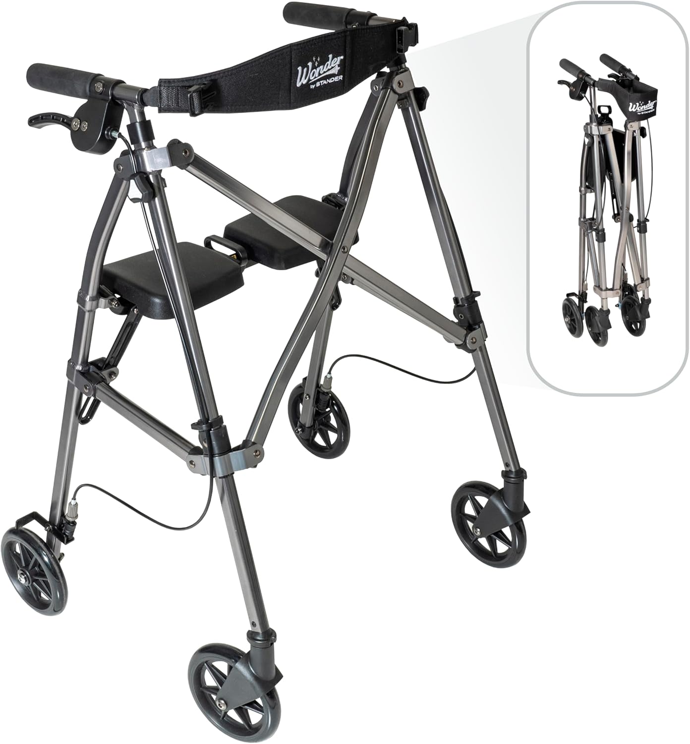 Stander Wonder Rollator, Lightweight Folding Space Saver Mobility Rolling Walker for Seniors and Adults, 6-inch Wheels, Locking Brakes, and Padded Seat with Backrest, Black Walnut Black Walnut Standard