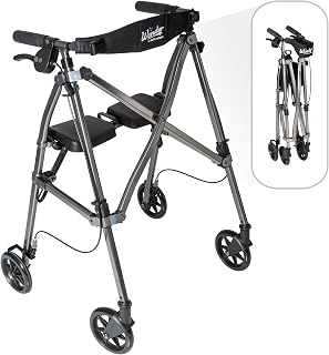 Stander Space Saver Rollator Walker with Seat - Lightweight Folding 4-Wheel Mobility Aid for Seniors, 6-Inch Wheels, Black Walnut