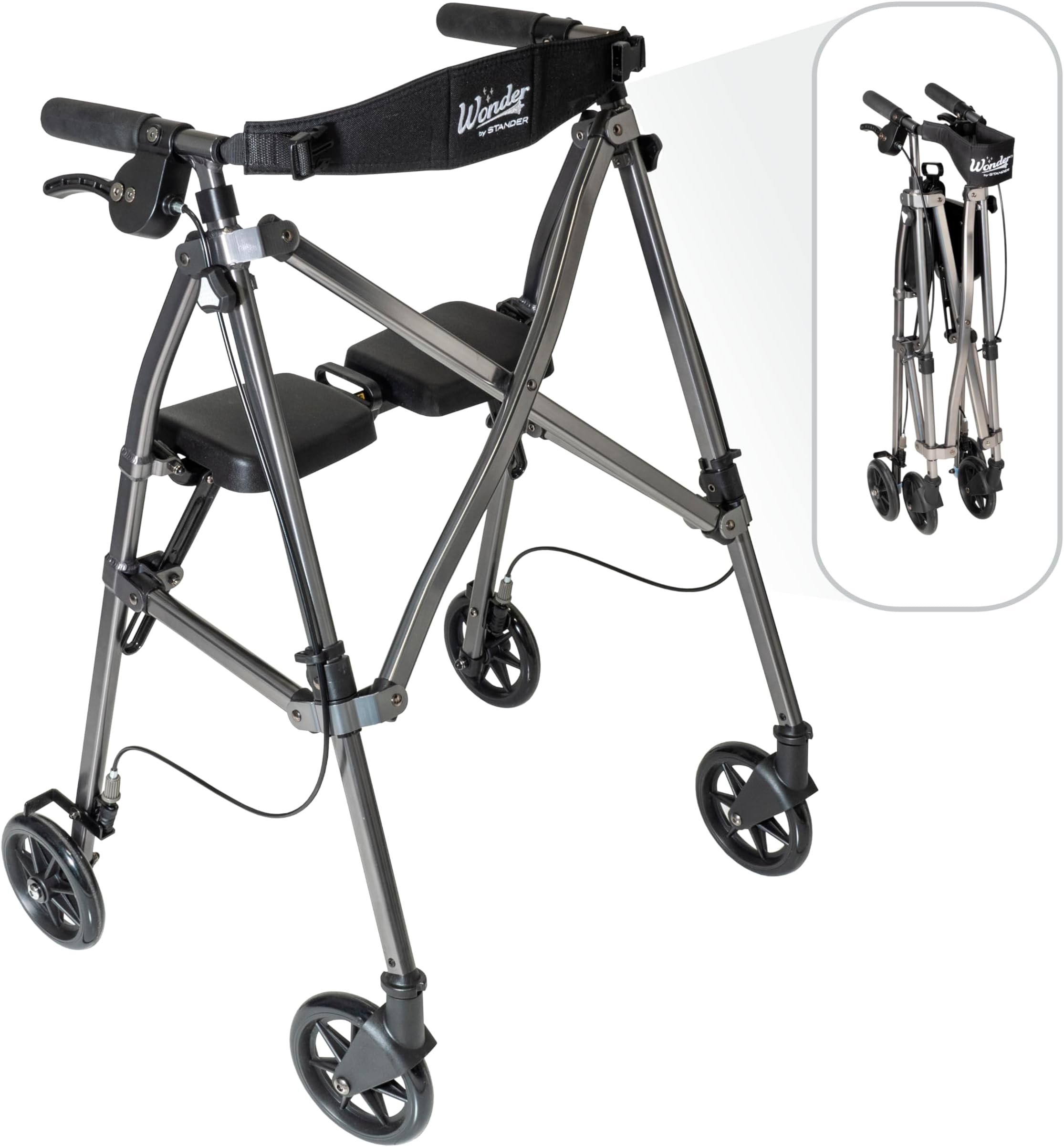 Stander Space Saver Rollator, Lightweight Folding Rolling Walker with Seat for Seniors & Adults, 4-Wheel Mobility Aid with 6-inch Wheels, Locking Brakes & Padded Seat with Backrest, Black Walnut