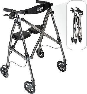 Stander Wonder Rollator, Lightweight Folding Space Saver Mobility Rolling Walker for Seniors and Adults, 6-inch Wheels, Locking Brakes, and Padded Seat with Backrest, Black Walnut