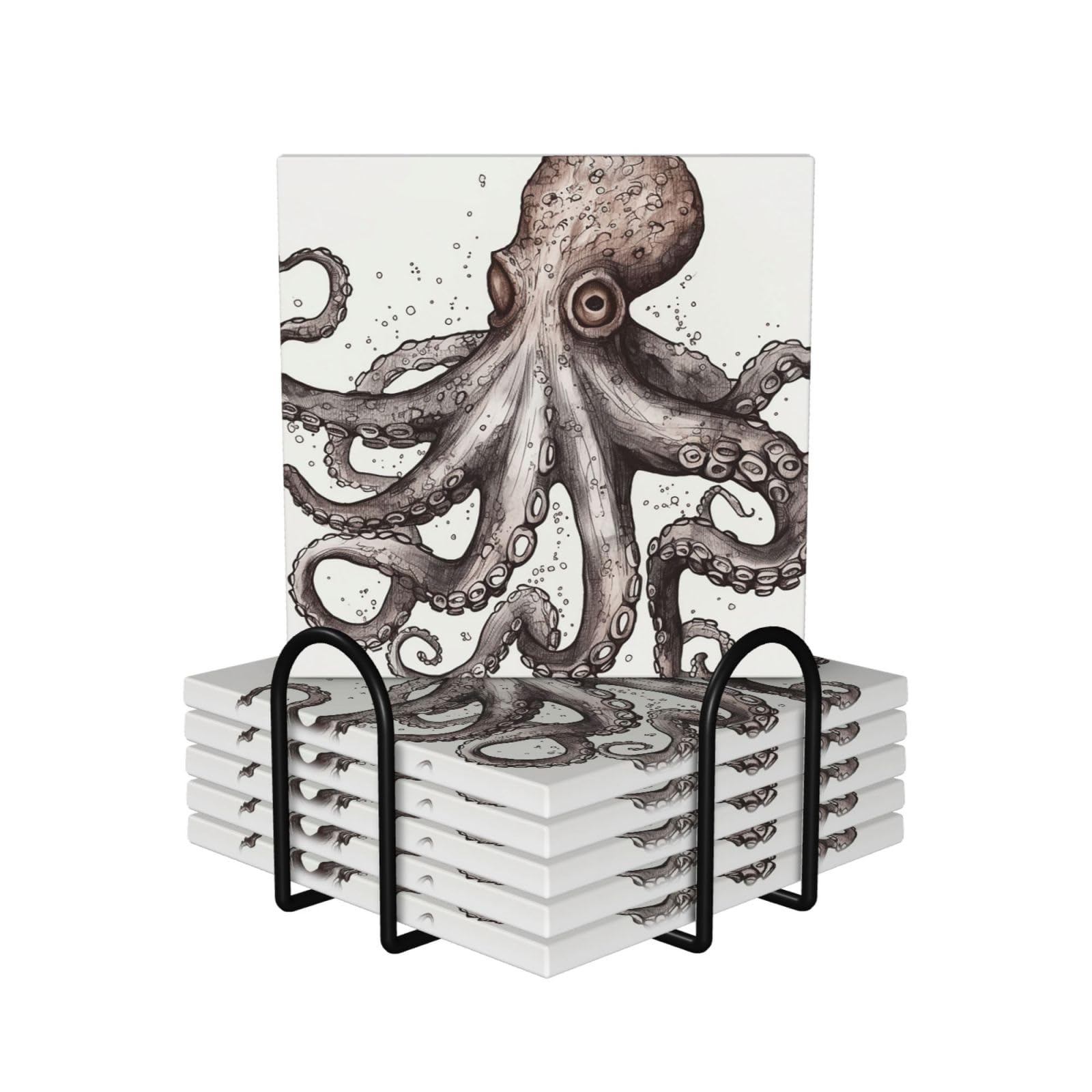 6Pcs Ceramics Coaster for Drinks, Octopus Cup Coasters with Holder, Aesthetic Drink Coasters for Coffee Table, Absorbent Round Coaster for Tabletop Protection 4" Cup Mat Pad