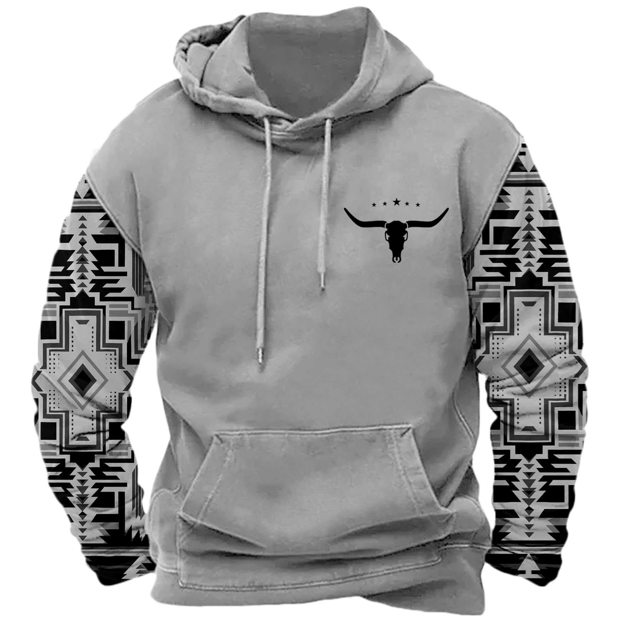 DMOYALA Men's Aztec Cow Skull Hoodie Western Sweatshirt with Hood Vintage Ethnic Tribal Graphic Patchwork Pullvoer