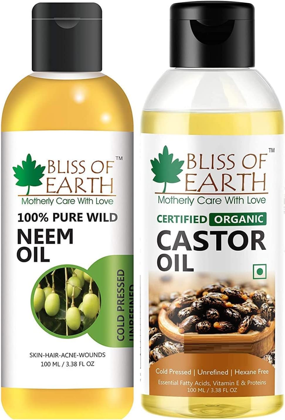 Bliss of Earth Certified 100ML Organic Castor Oil+100% Pure Wild Crafted Neem Oil 100ml Coldpressed, Unrefined | Great for Haircare, Skincare, (Pack of 2)