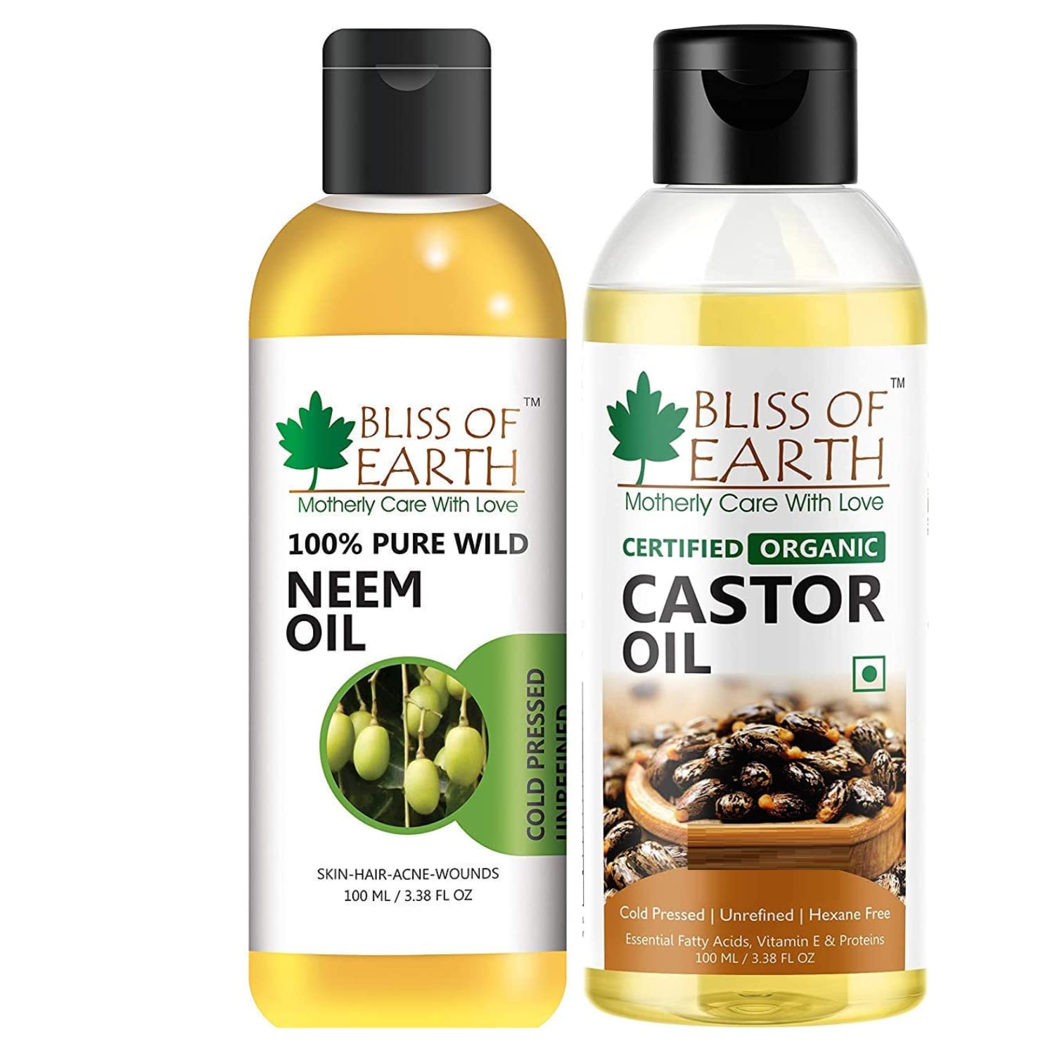 Bliss of Earth Certified 100ML Organic Castor Oil+100% Pure Wild Crafted Neem Oil 100ml Coldpressed, Unrefined | Great for Haircare, Skincare, (Pack of 2)
