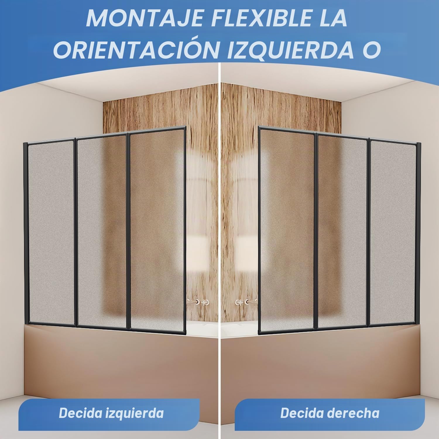Mampara de ducha de plástico para bañera, antiastillas, 100 x 140 cm, 2 piezas, plegable, marco de aluminio negro, izquierda/derecha, con aspecto mate