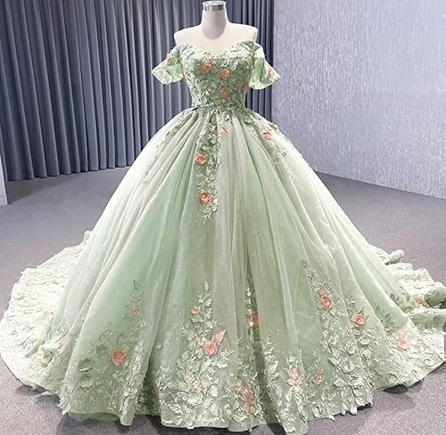 Miniatura 6 de Mauuwy Vestidos de quinceañera de flores florales de encaje de princesa, vestido de baile de tul brillante hinchado dulce 16 vestidos para fiesta de
