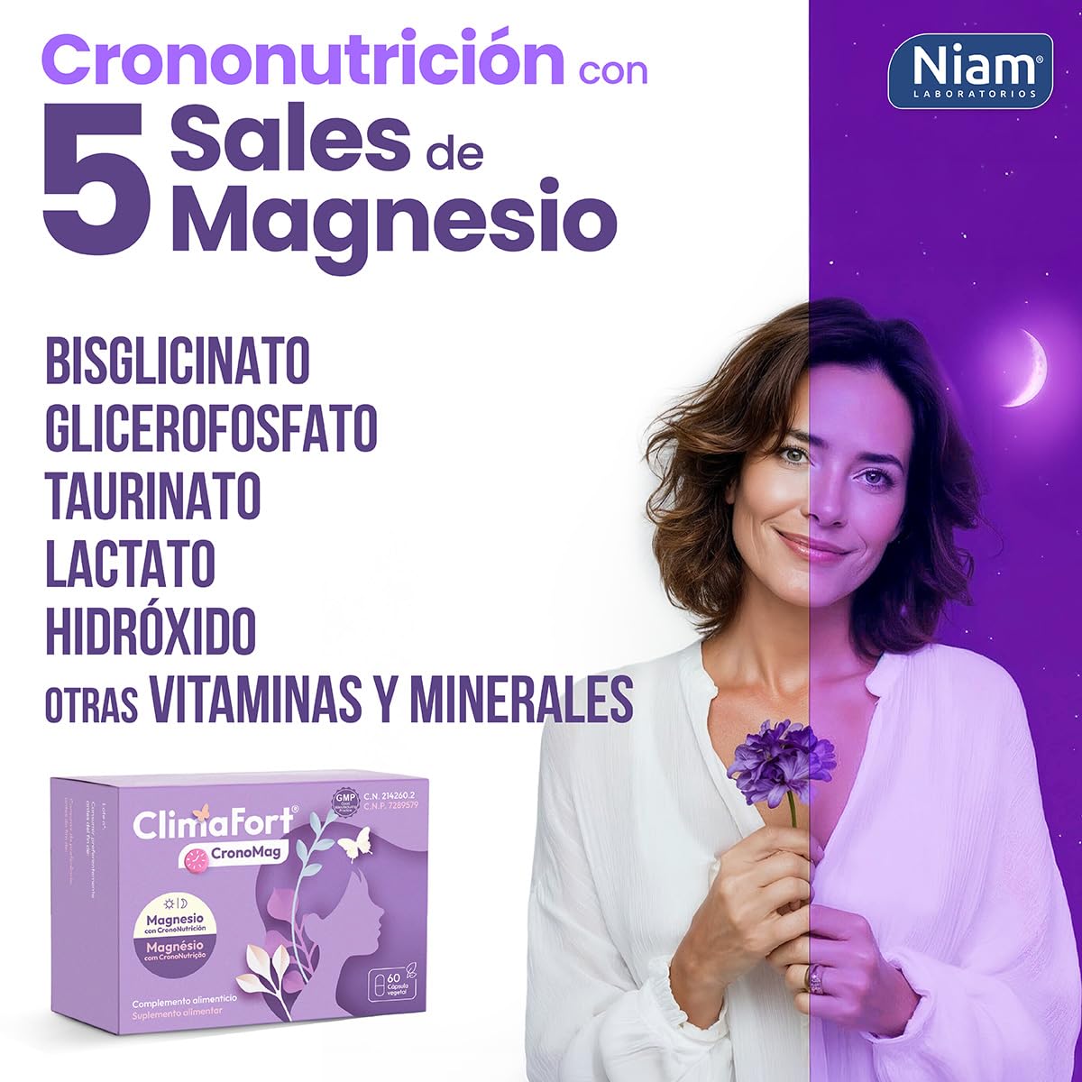 [Pack de 2] ClimaFort CronoMag | Magnesio para la Mujer | 5 Sales Glicinato, Glicerofosfato | Vitamina B12 | Energía, Relajación | Crononutrición | 120 Cápsulas