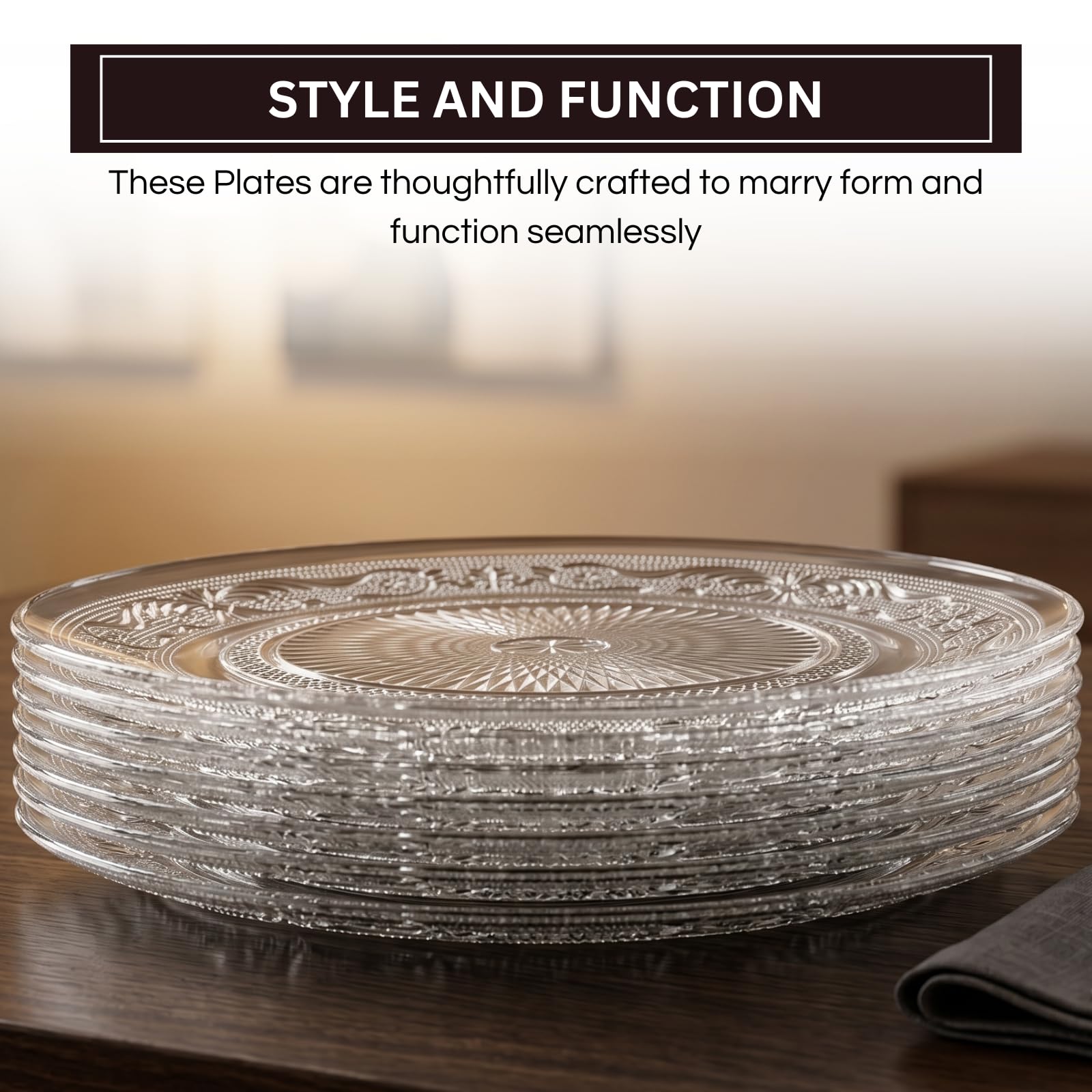 Khen Art Deco Vintage Crystal Glass Plates, Set of 6, 10.5' Dinner