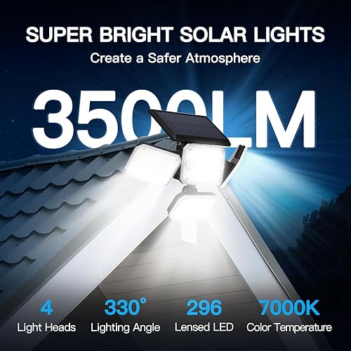 Miniatura 2 de Luces solares para exteriores, 3500 lm, 296 LED, 7000 K, luces de inundación con sensor de movimiento doble, 4 cabezales IP65, luces de seguridad