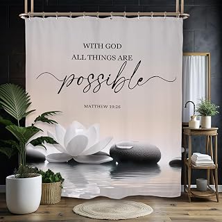 Miyotaa Lotus Flower Bible Shower Curtain Set 60Wx71H Inches Quotes Scripture Zen Spa Positive Inspirational Motivational Meditation Polyester Waterproof Cloth Bathroom Curtain with 12 Hooks