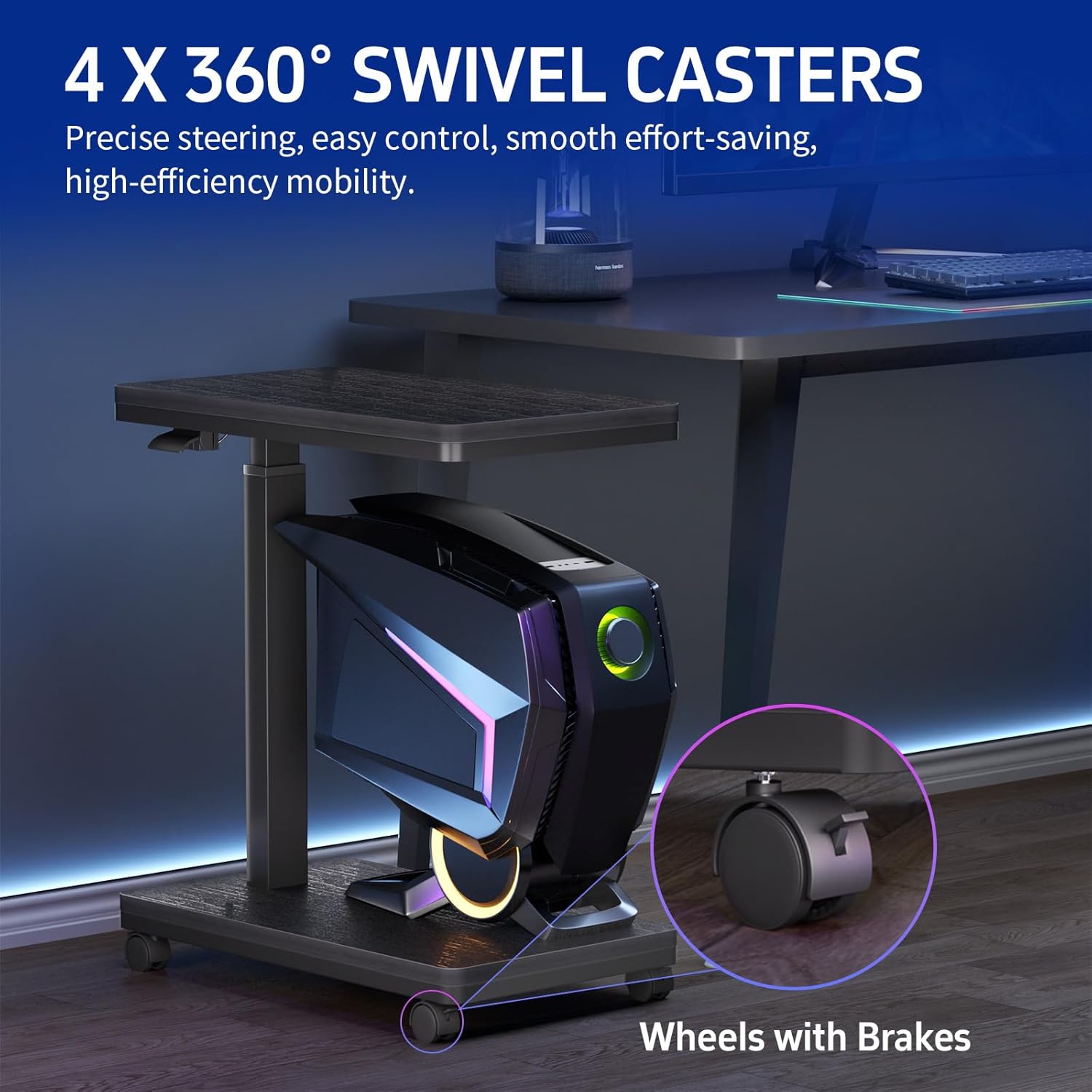 Height Adjustable Computer Tower Stand, 2-Tier CPU Holder Cart Under Desk, PC Floor Stand for Office Gaming，black