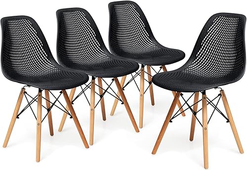 Miniatura 9 de KOTEK Juego de 2 sillas de comedor, sillas laterales de plástico moldeado DSW con diseño de malla, patas de madera maciza, sillas laterales modernas