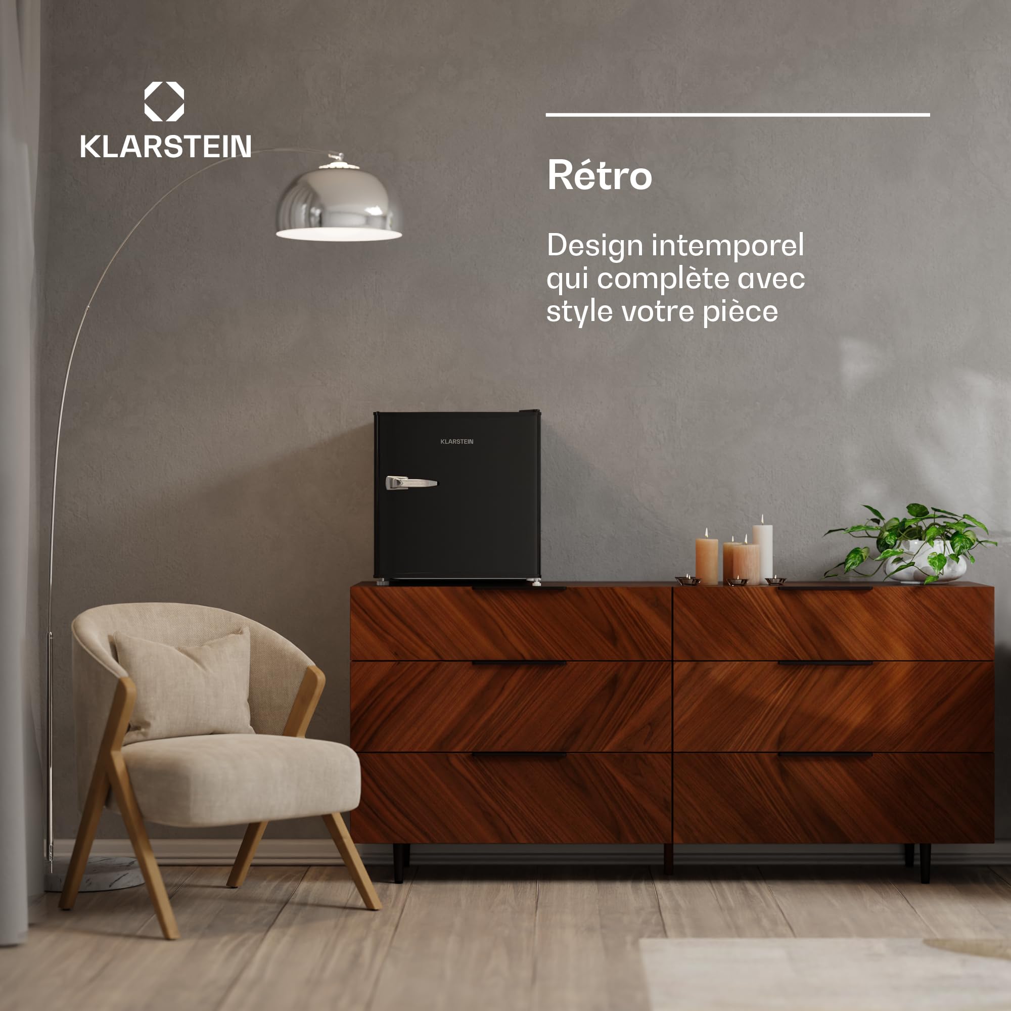 KLARSTEIN Irene 46 L Mini réfrigérateur rétro - Silencieux 37 dB, Thermostat réglable, Petit réfrigérateur de chambre, Économe en Énergie, Noir