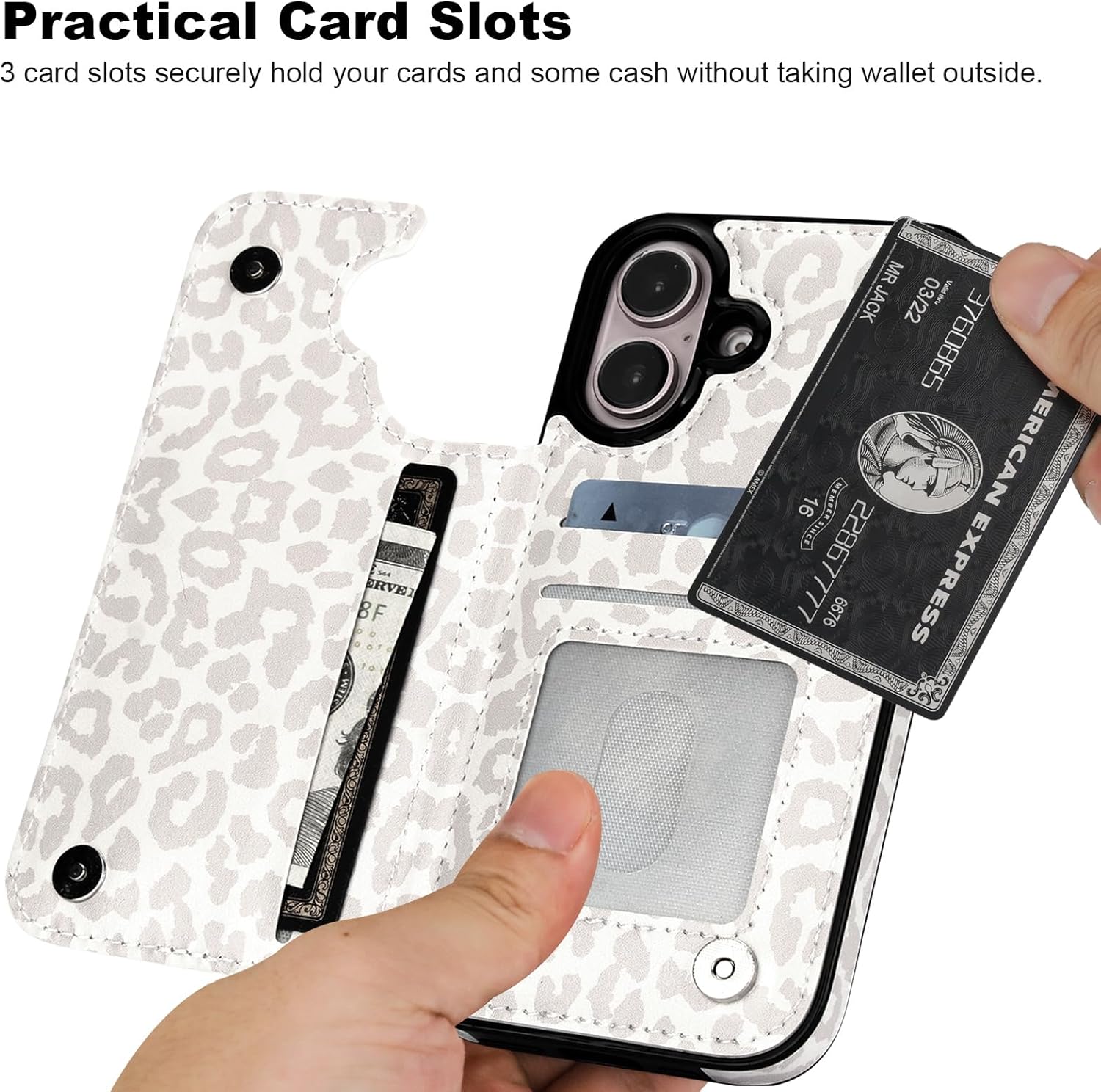HAOPINSH for iPhone 16 Case Wallet with Card Holder, White Leopard Cheetah Pattern Back Flip Folio PU Leather Kickstand Card Slots Case for Women Girls, Double Magnetic Clasp Shockproof Cover 6.1" - Image 3