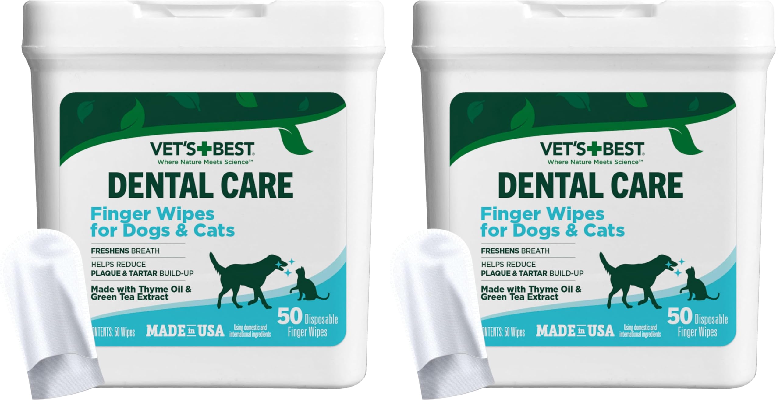 Vet's Best Finger Dental Wipes for Dogs &amp; Cats–Oral Care Wipes for Teeth Cleaning, Fresh Breath, and Tartar Control – Gentle Finger Pads for Pet Dental Hygiene and Plaque Removal,50 Count(Pack of 2)