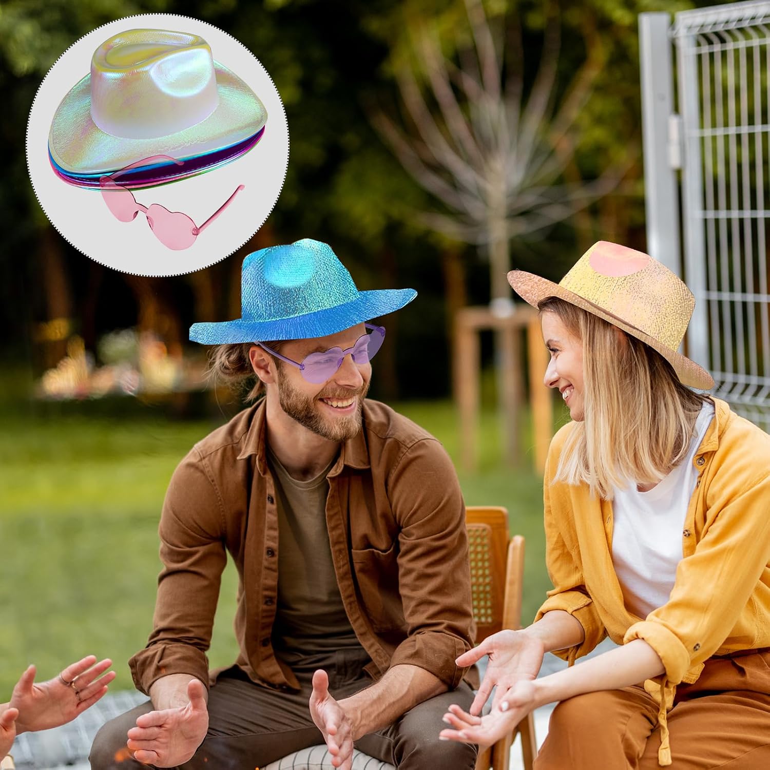 12 Pcs Holographic Space Cowgirl Hat with Heart Glasses Disco Cowgirl Hat Neon Cowboy Hat and Rimless Sunglasses for Women Party (Multicolor) - Image 5