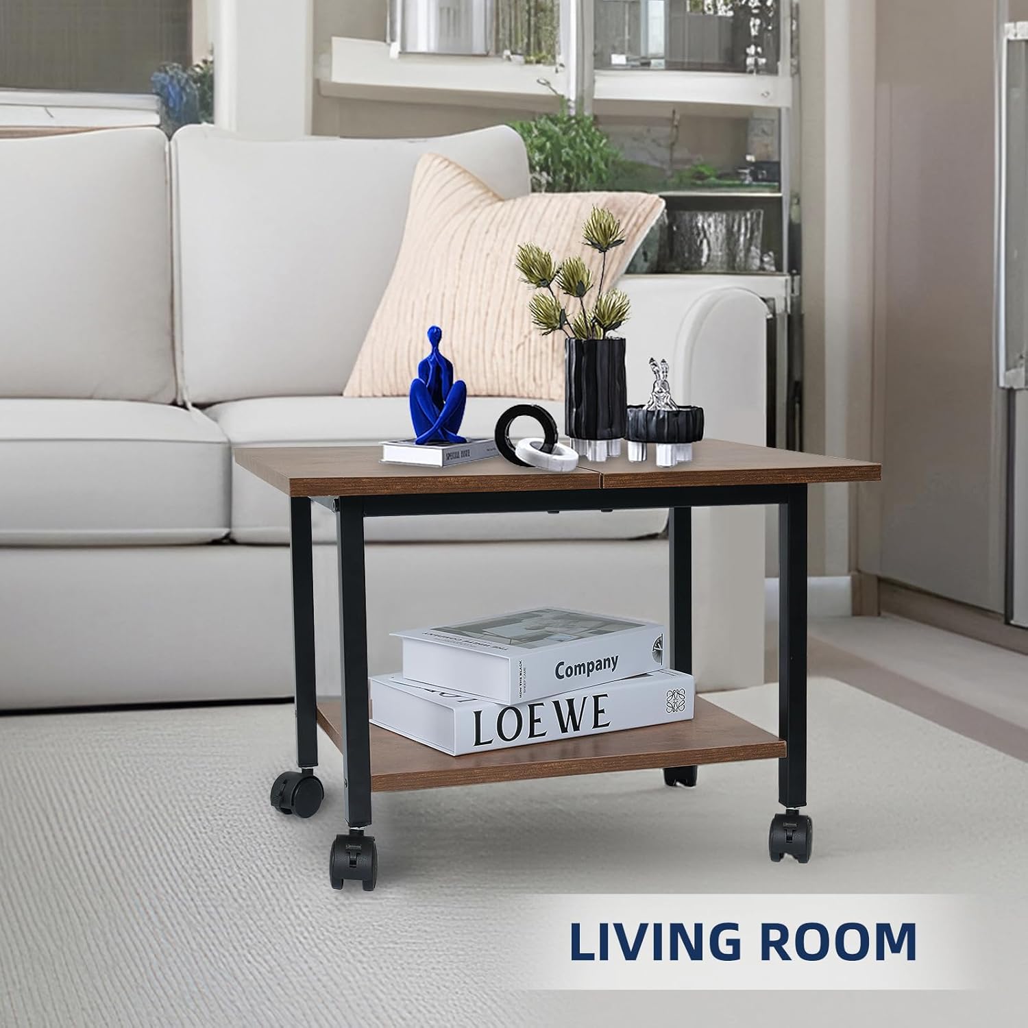 Printer Stand with Storage Shelf, Small Printer Stand for Desk Office Home, Under Desk Printer Table with Rolling Wheels, Heavy Duty Mobile Machine Cart with Shelf, Rustic Brown