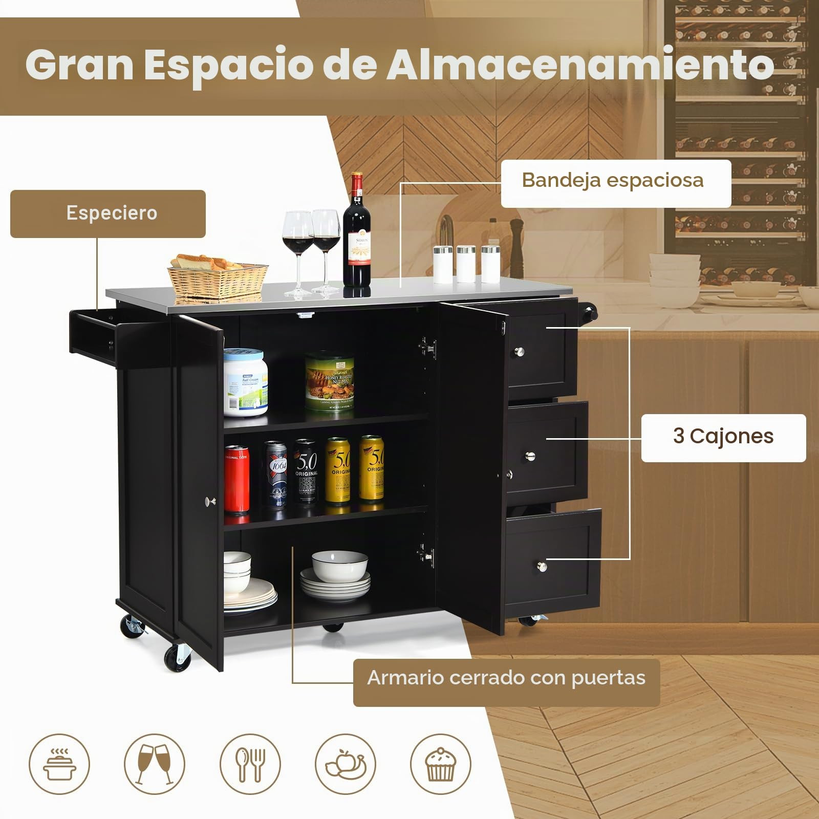GOPLUS - Postre con ruedas de madera, estante de 3 niveles ajustables y 3 cajones, bandeja de acero inoxidable, soporte para especias, toalleros, 135 x 45,5 x 91,5 cm