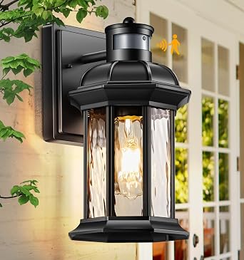 VIANIS Motion Sensor Porch Lights Outdoor, Modern Black Exterior Lighting Fixtures Wall Mount for House, 100% Aluminum Anti-Rust Waterproof Outdoor Sconce Lights for Garage Entryway with Ripple Glass