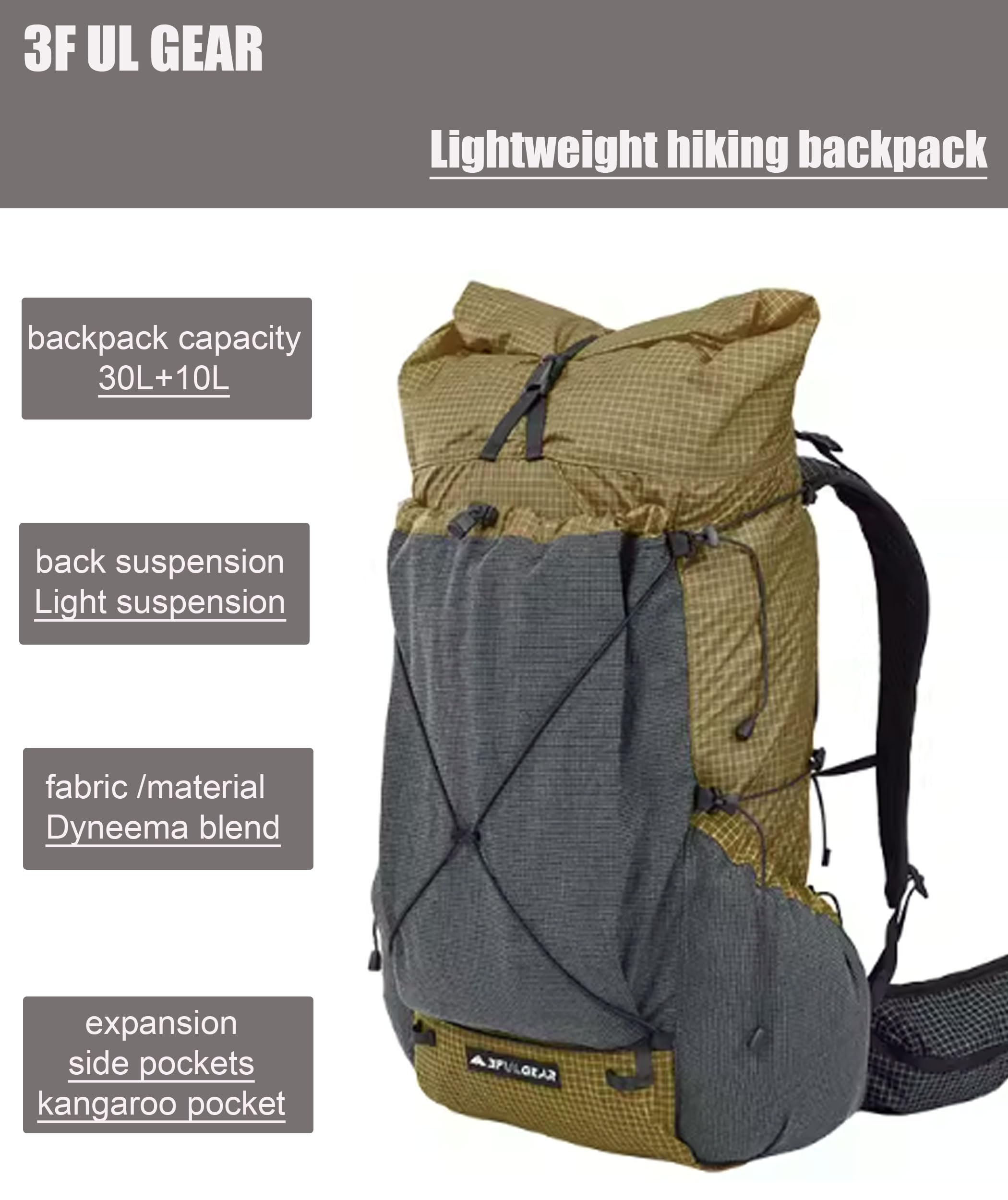 3F UL GEAR 30L + 10L UHMWPE Zaino ultraleggero impermeabile da escursionismo, campeggio, viaggi, per uomini e donne (cachi classico, L)