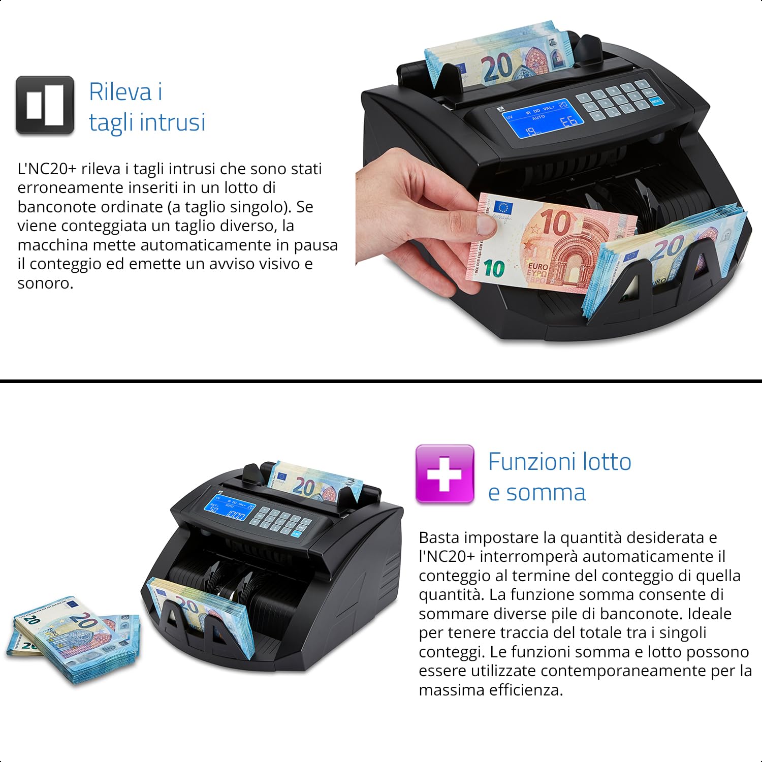 ZZap NC20+ Contabanconote e Verificatore di Banconote False - Conta 1.000 banconote al minuto, conteggio in lotti, rilevamento di banconote false a 4 livelli e molto altro!