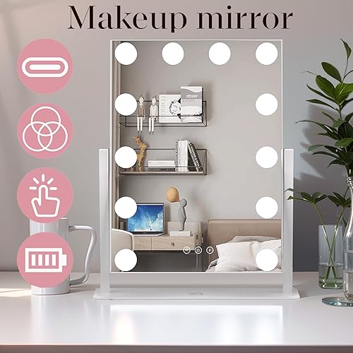 Miniatura 2 de YINGPM Espejo de tocador iluminado Hollywood de 17 pulgadas de largo x 11 pulgadas de ancho, iluminación de alta pureza, control táctil inteligente,