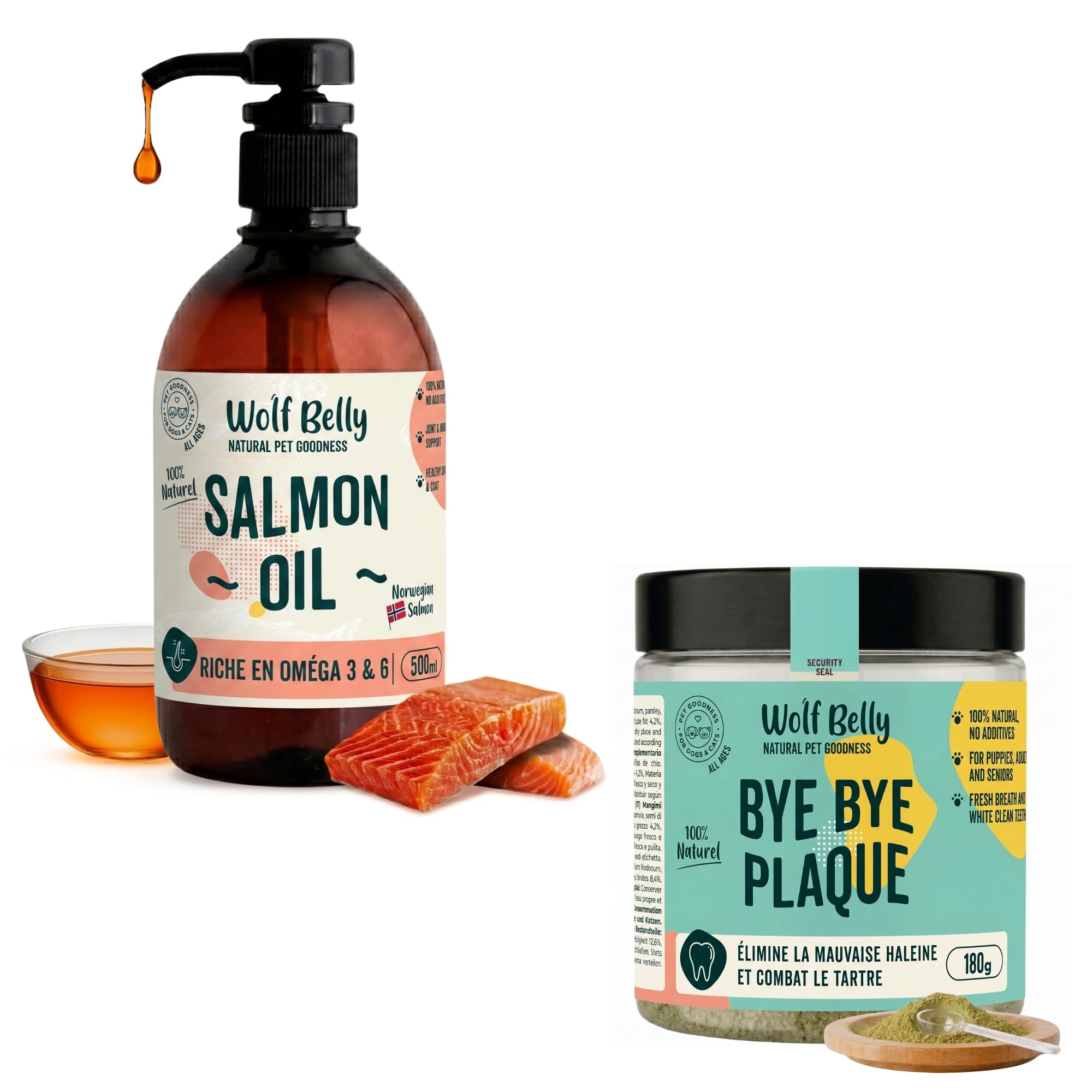 Wolf Belly - Pack Huile de Saumon (500 ML) et Santé Bucco-Dentaire (180 g) 100% Naturel | Oméga 3 et 6 + Hygiène Dentaire | pour Chiens et Chats - Fabriqué en UE