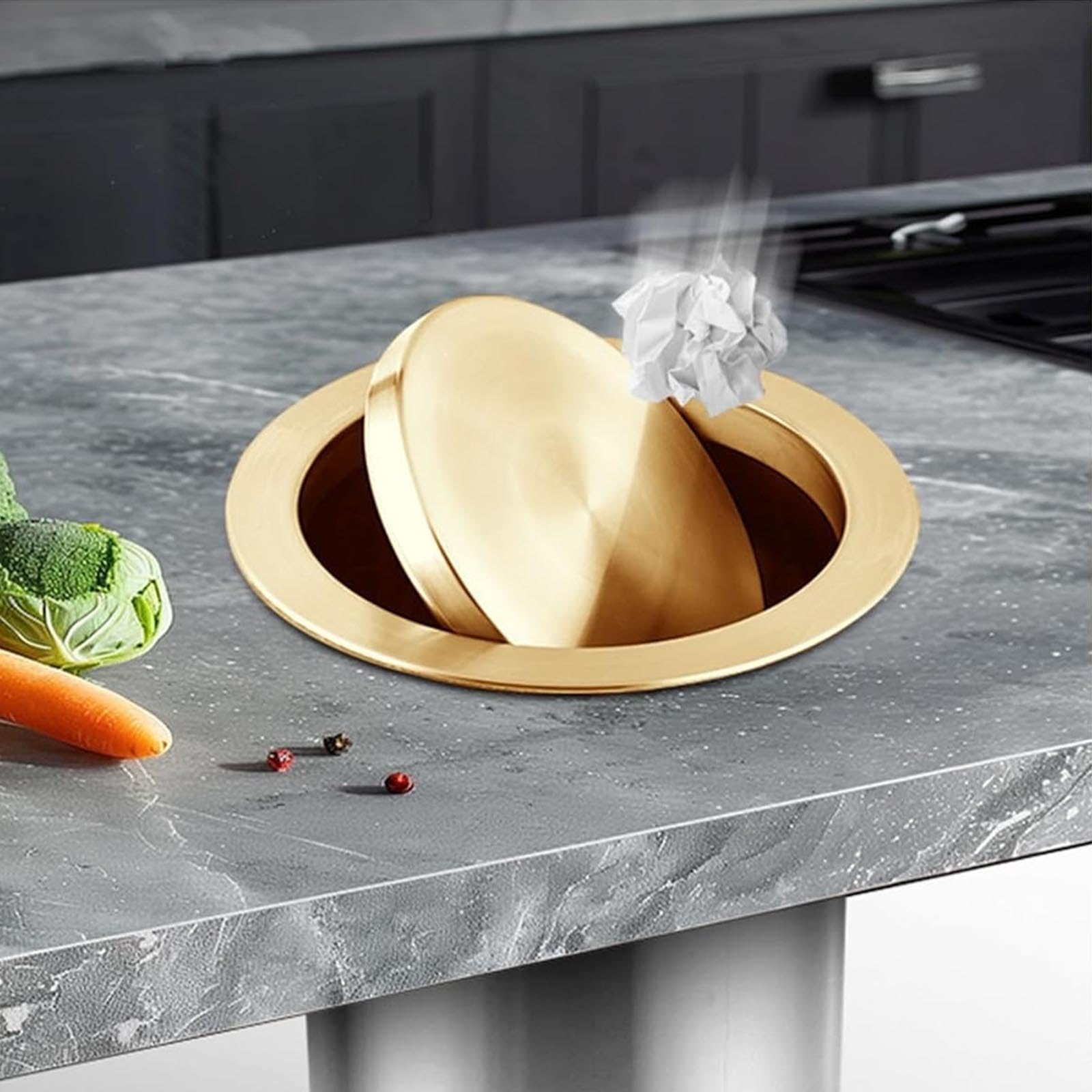 GLJTUO Stainless Steel Waste Chute Lid, Built-in Countertop Trash Bin Cover for Kitchen, Bathroom, and Restaurant Protection,Gold-18~20cm Opening