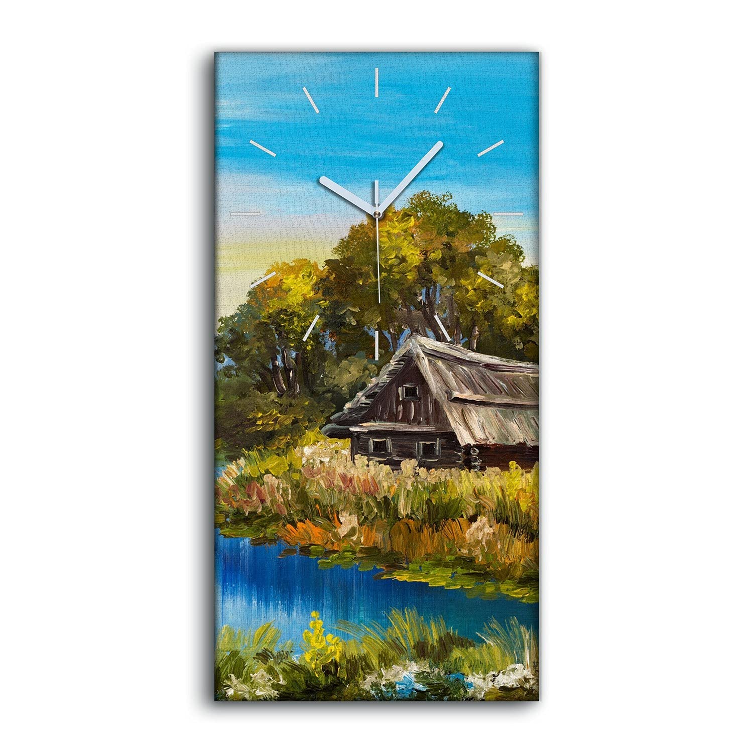 Horloge sur toile mains blanches format 30x60cm paysage moderne forêt arbres rivière