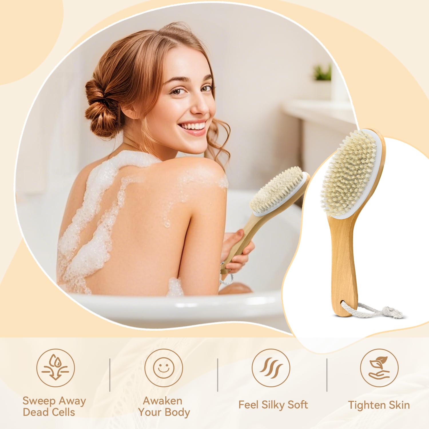 Trockenbürsten, Körperbürste, weiche Naturborsten, Peelingbürste mit konturiertem Holzgriff, für Lymphdrainage, Reinigung, Körperpflege, 6 Stück