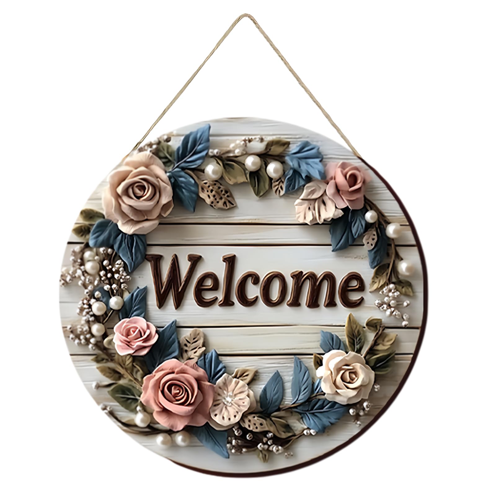 HUANYO Rose Design Wooden Round Welcome Sign, "Family Est. Year & Name" Customizable Plaque, 7.9" Diameter Rustic Farmhouse Decor for Home, Front Door, Porch, Office Wall