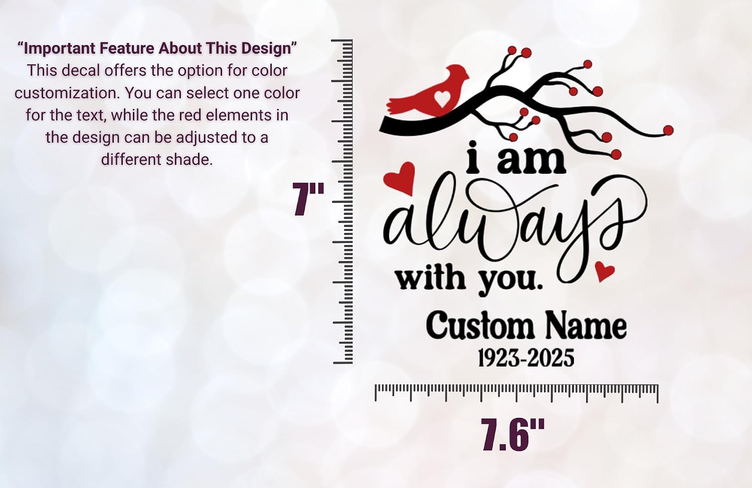 I Am Always with You Bird On Branch with Hearts Personalized RIP Car Window Vinyl Decal Sticker Custom Memorial Sympathy Gift