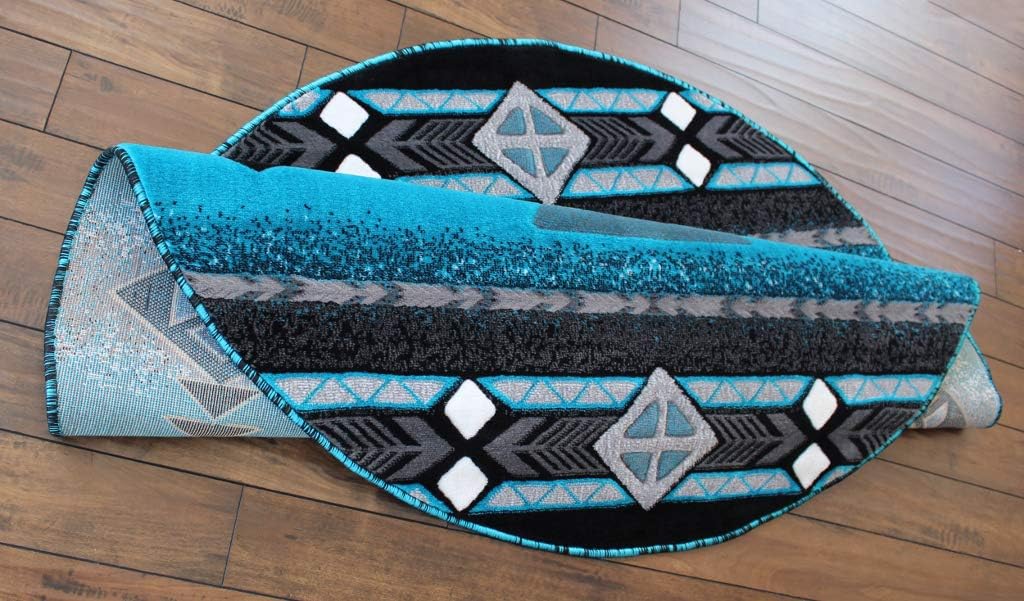 Masada Rugs, Southwest Native American Design Turquoise Area Rug (5 Feet X 5 Feet Round)