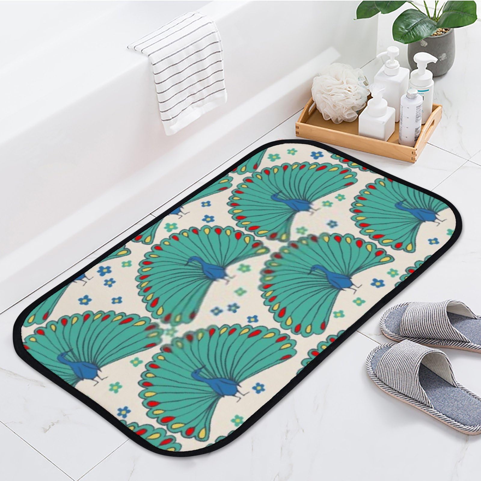 Nuansexi Bathroom Rugs Seamless Peacocks Green Floor Mats Non Slip Bathmat Doormat Tub Mat Coral Velvet Absorbent Entrance Carpet Mats Machine Washable Bedroom Decor