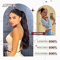 Vista 2 de Extensiones de cola de caballo largas onduladas con cordón para mujeres, extensiones de cabello con clip para cola de caballo, mezcla de color negro