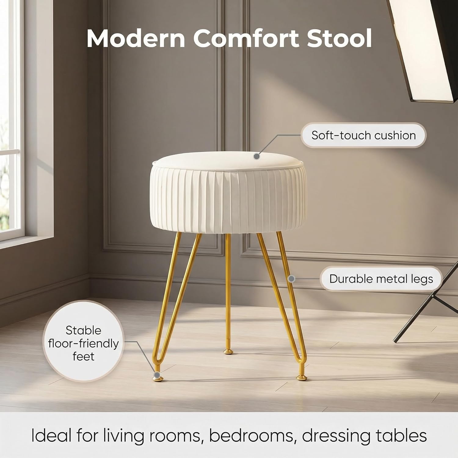 Velvet Vanity Stool, Modern Ottoman Foot Rest Stool with Adjustable Golden Legs, Makeup Chair for Vanity, Multifunctional Small Vanity Chair for Bedroom, Beige - Image 4