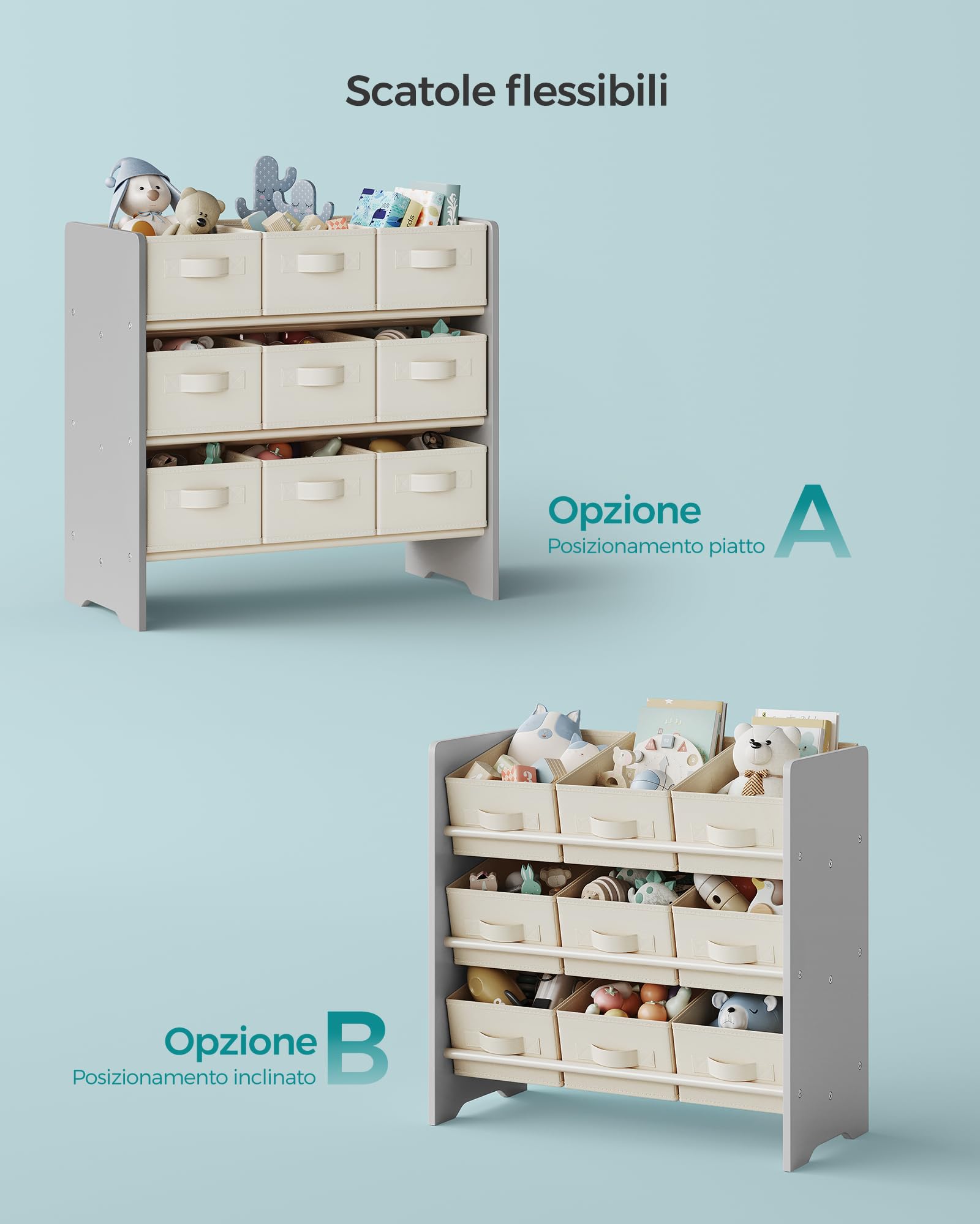 SONGMICS Scaffale per Bambini, Scaffale per Giocattoli, Libreria per Bambini, con 9 Contenitori in Tessuto Non Tessuto, per Camera dei Bambini, Spazioso, 29,5 x 62,5 x 60 cm, Grigio Tortora GKR033G10