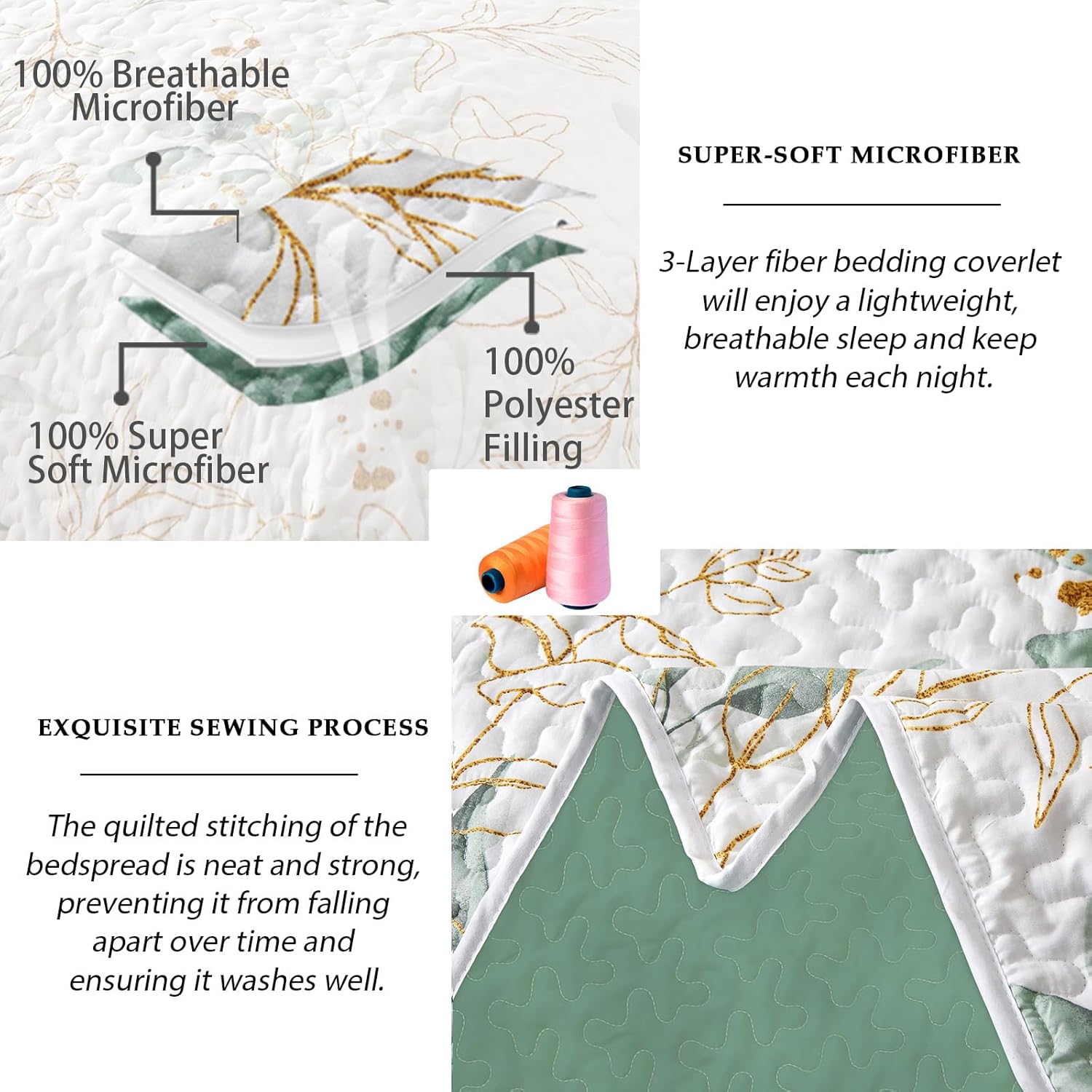 Anibedding Floral Quilt California King Size,Green Botanical California King Quilt 3 Pieces,Reversible Leaves Pattern Bedspread for All-Season (106"x96") - Image 3