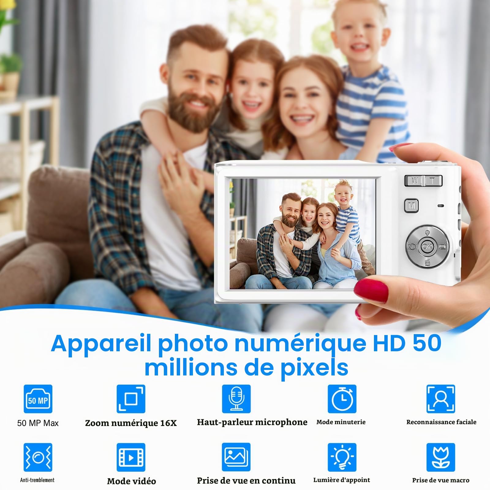 Appareil Photo Numérique 50MP 1080P FHD Compact Caméra avec Mise au Point Automatique Digital Camera avec Zoom Numérique 16X Carte SD de 32 Go pour Étudiant Adulte Débutant Cadeau (Blanc)