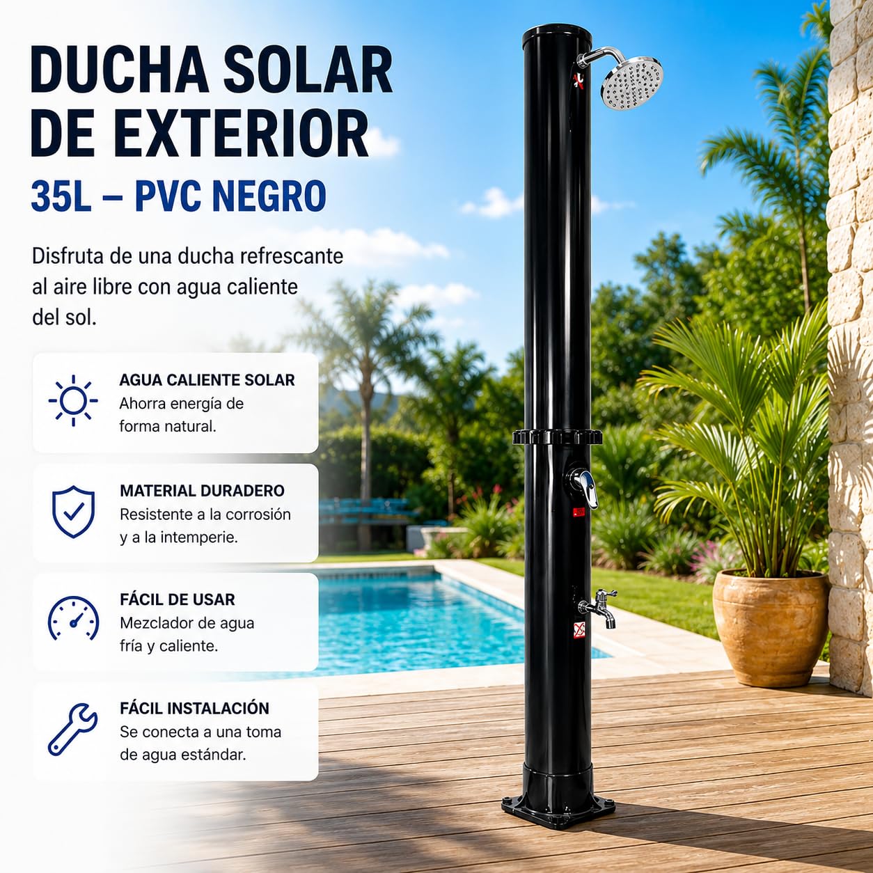 Ducha Solar Exterior 35 L jardín y Piscina con Mezclador y Grifo lavapiés – Depósito PVC Acero Inoxidable, Temperatura 60 °C, 216 cm, sin Electricidad