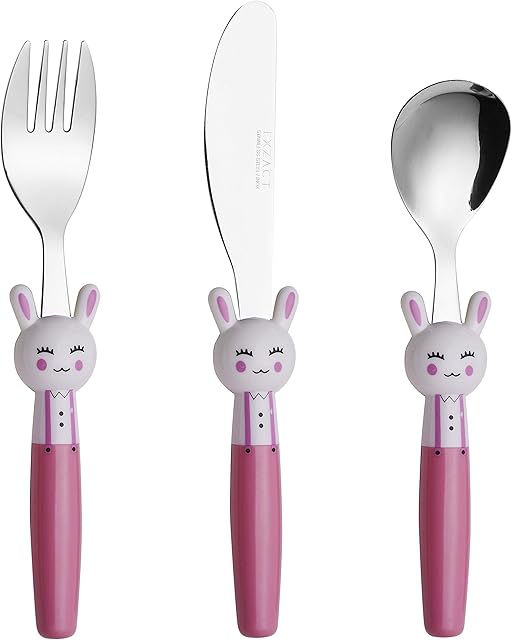 Exzact Children's Cutlery Stainless Steel 3pcs/ Kids Cutlery/Toddler Flatware - 1 x Fork, 1 x Dinner Knife, 1 x Spoon - BPA Free - Dishwasher Safe Rabbit x 3)