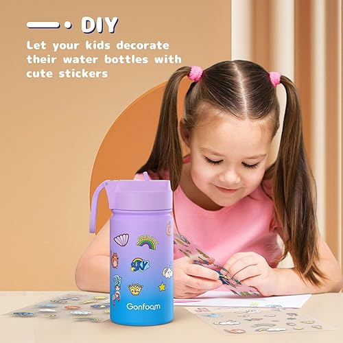Miniatura 5 de Botella de agua para niños botellas de agua de 12 onzas con popote y calcomanías taza aislada al vacío de doble pared botella de agua para niños