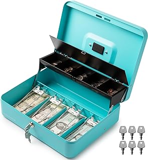 Volcora Large Cash Box with Key Lock, Metal Money Box for Cash, Portable Locking Safe Box with Money Tray, Durable Money Saving Organizer for Yard Sale, Garage Sale, Small Business, Cyan