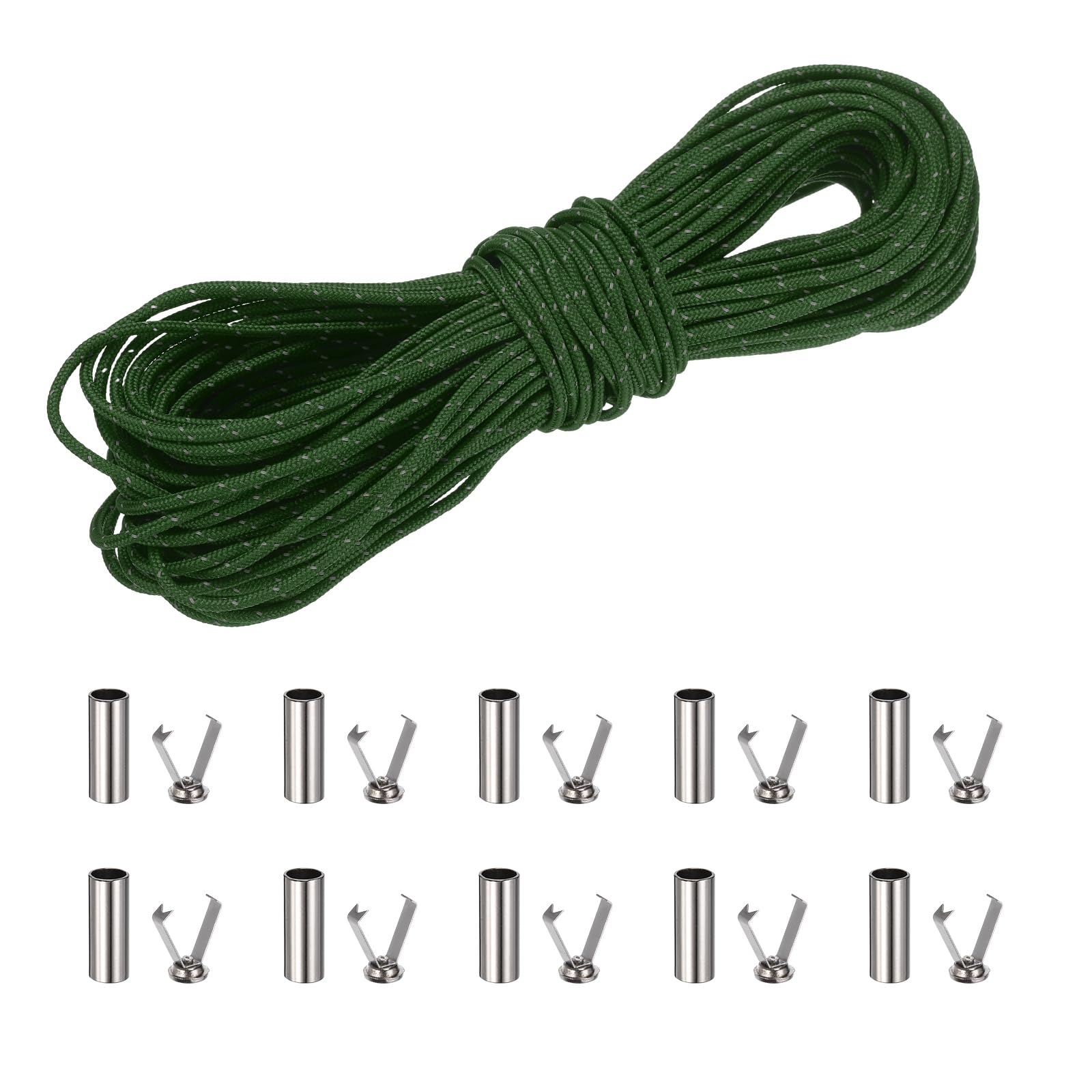 sourcing map 2mm Reflective Guyline Camping Paracord, 65ft Thin Reflective Cord Rope with Cord End Caps for DIY Shoe Laces, Tarp Hiking Tent Camping, Green