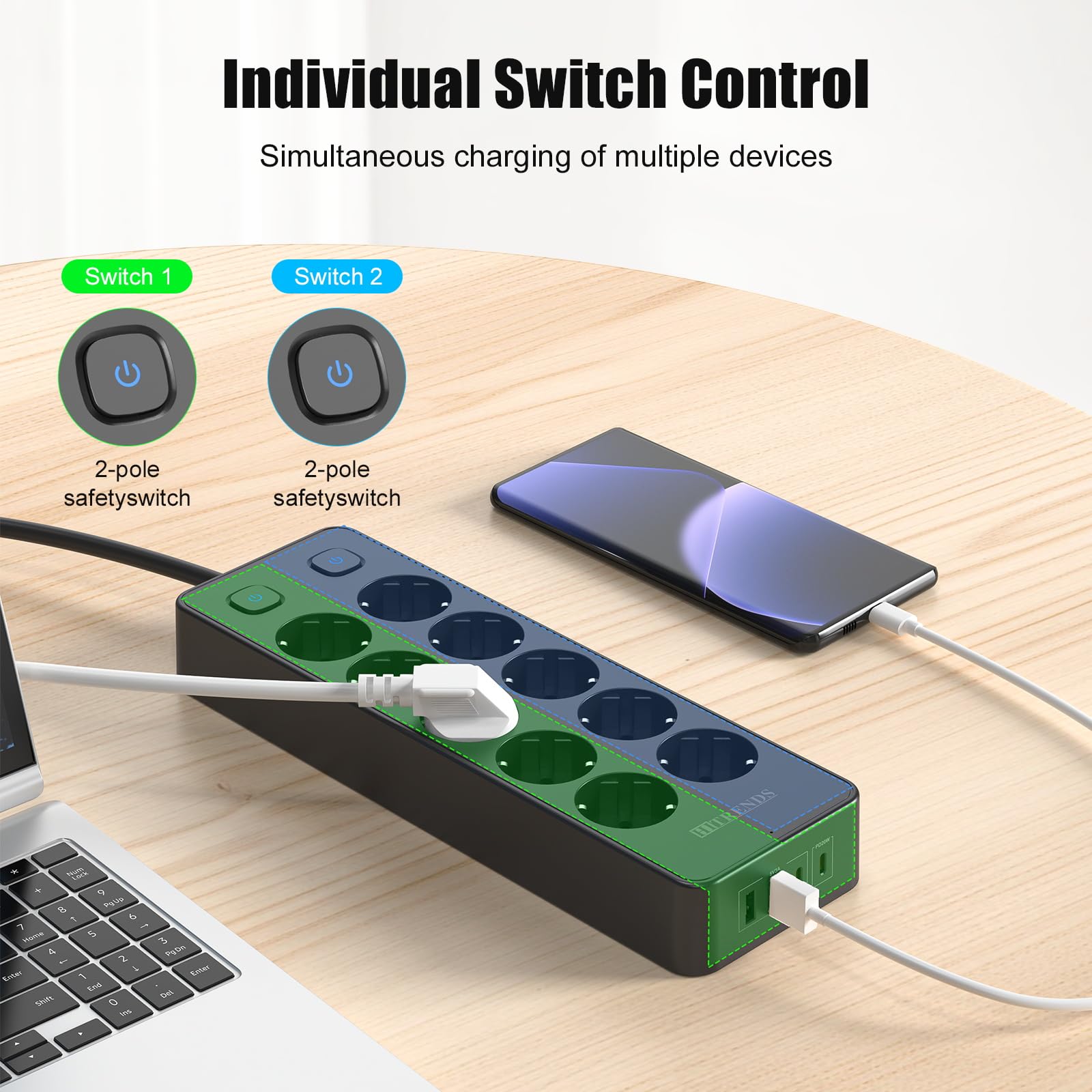 Multipresa con interruttore, Ciabatta 10 prese con protezione da sovratensione, Multipresa con 2 USB-A e 2 USB-C (20 W PD), Ciabatta con cavo da 2 m per casa, ufficio (nero)