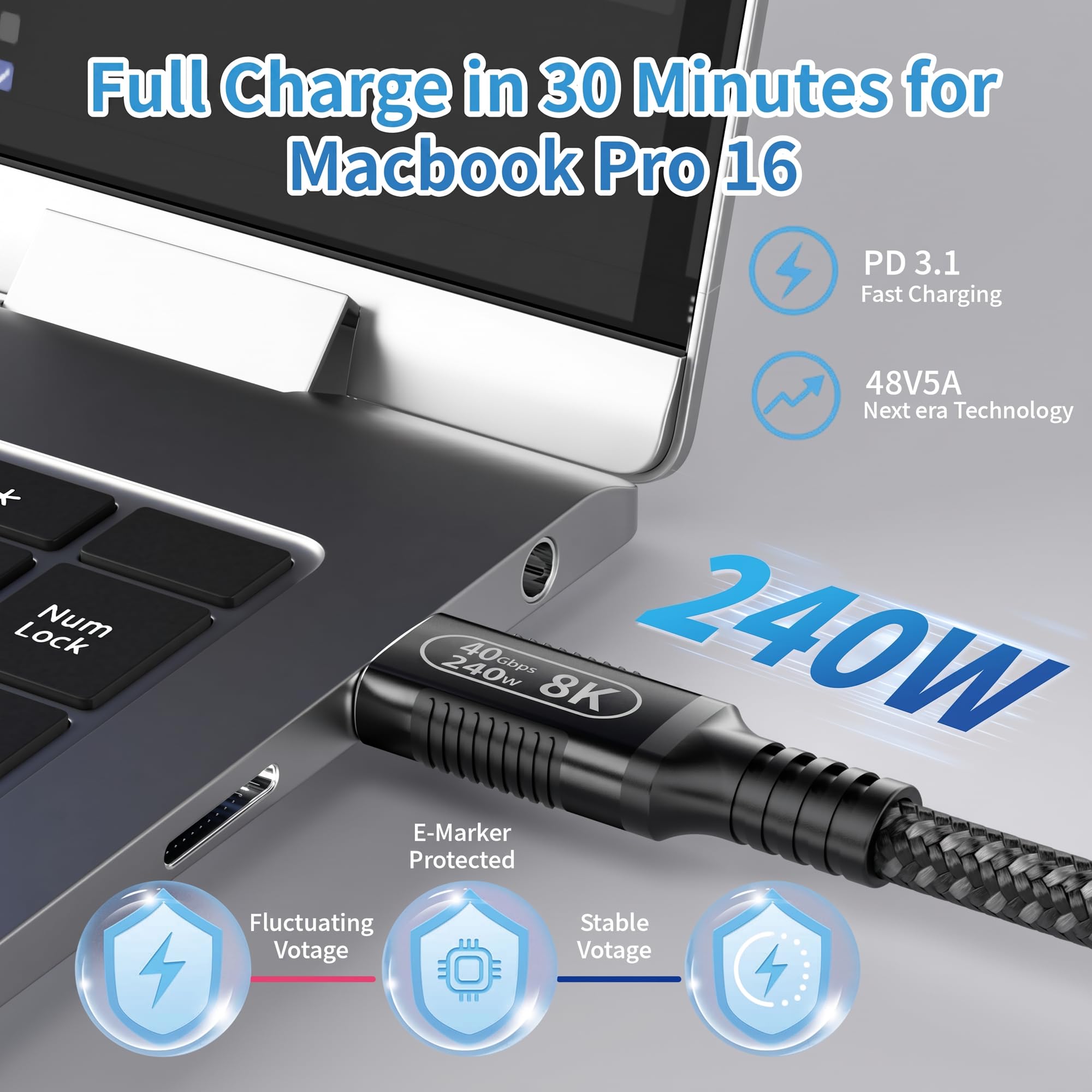 Cable de extensión USB C de 3 m, extensor coaxial de 40 Gbps para Thunderbolt 4/3 y USB4, 8K a 120Hz y 240W PD3.1 de carga, cable USB C macho a hembra ultra flexible para laptop, hub, eGPU