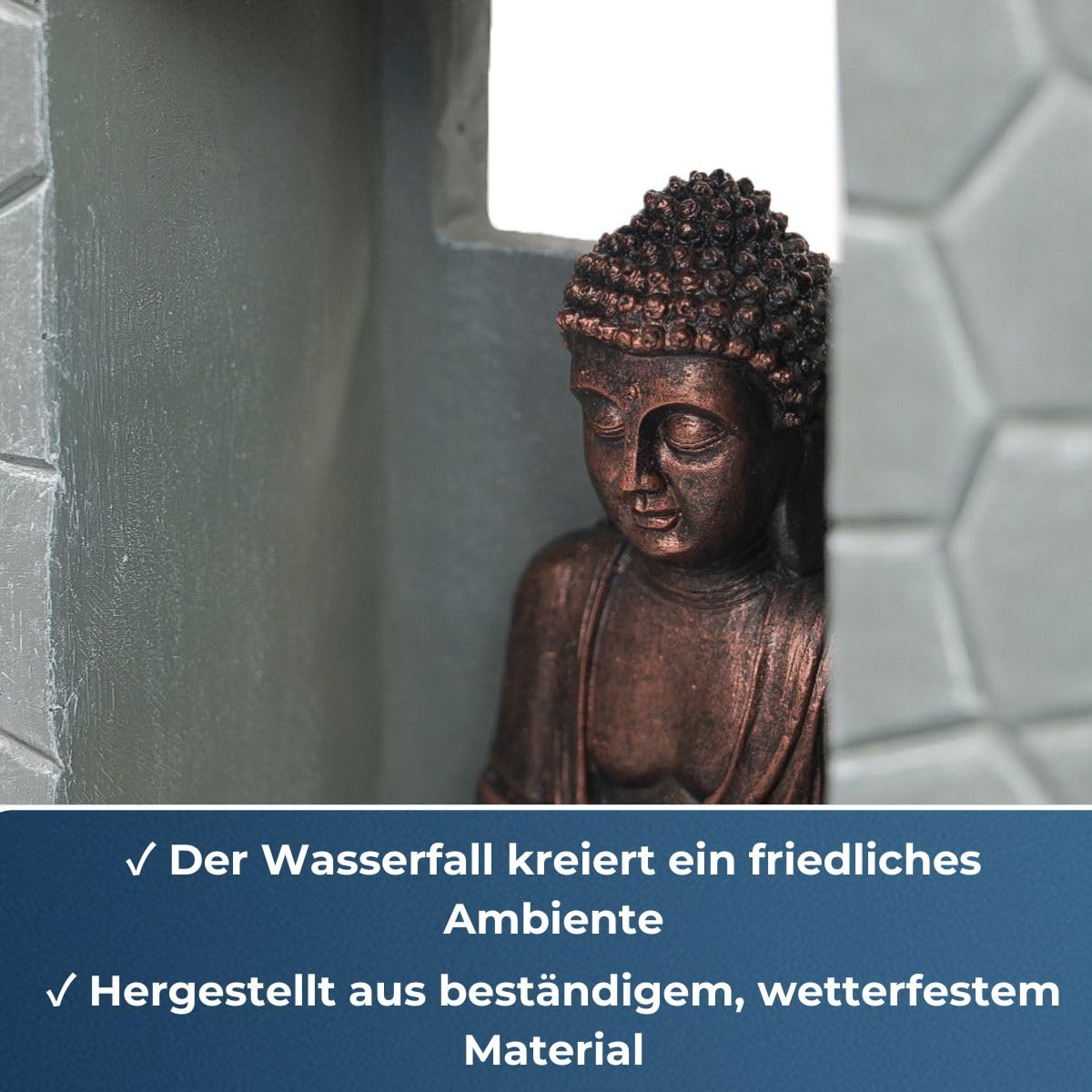 Festive Lights Fontaine solaire LED Bouddha - Gris - Aspect pierre - Fonctionnement solaire et USB - Pour l'intérieur et l'extérieur - 43 cm