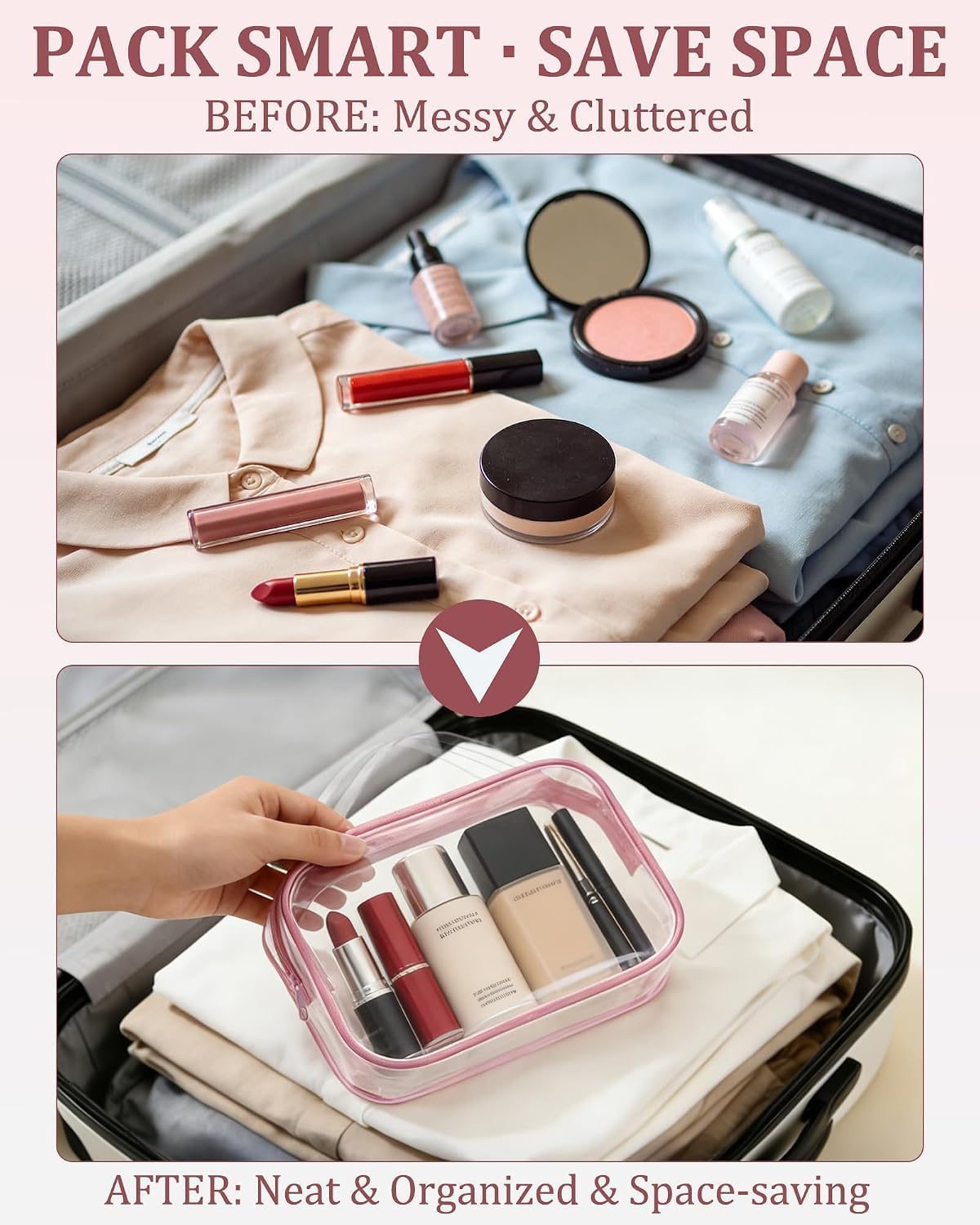 Clear Toiletry Bags for Traveling 4 Pack TSA Approved Toiletry Bag with Waterproof Zipper Assorted Size Clear Makeup Bag Organizer for Carry On Luggage Soft PVC Pink und Black (Pink waterproof)